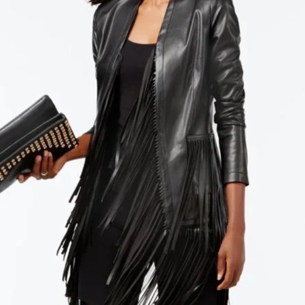 BNWT- International Concepts Women's Fringe-Trim Faux-Leather Jacket Size Small